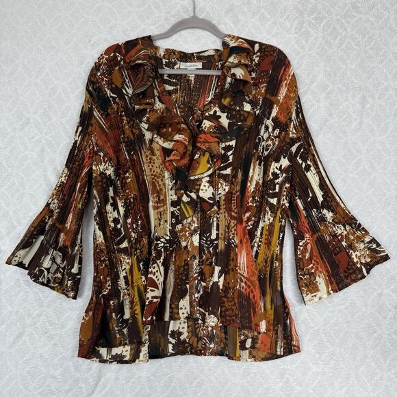 Vtg Y2K Pleated Ruffle Top 1X Brown Sheer Fairy Coquette Grunge 90s Artsy Boho - Picture 1 of 10